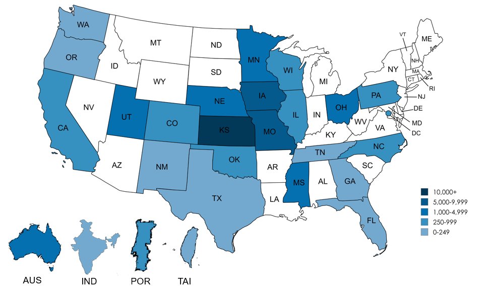 United States map with darkened regions indicating which states have used IGDIs. 23 states and 3 countries have used IGDIs.